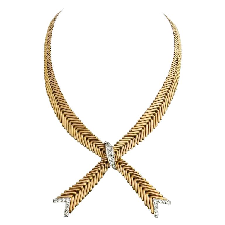 Retro French Diamond Platinum 18 Karat Gold Necklace