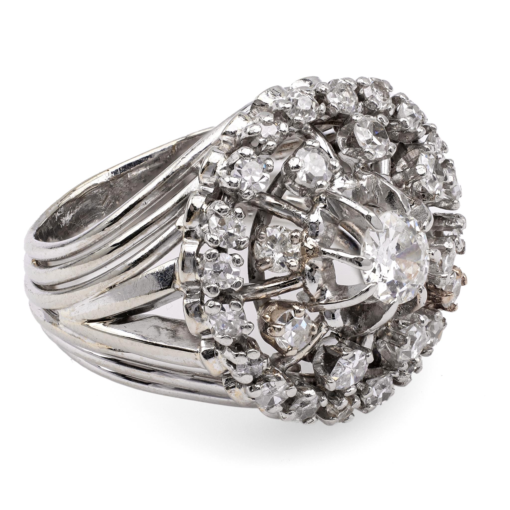 Women's or Men's Retro French Diamond Platinum 18k White Gold Cluster Cocktail Ring For Sale