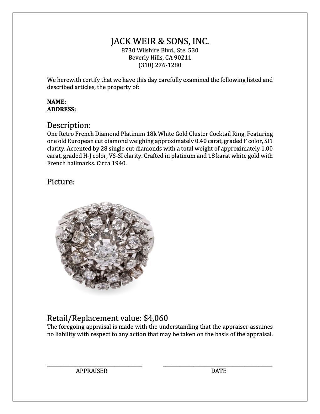 Retro French Diamond Platinum 18k White Gold Cluster Cocktail Ring For Sale 1
