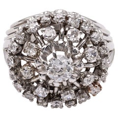 Retro French Diamond Platinum 18k White Gold Cluster Cocktail Ring