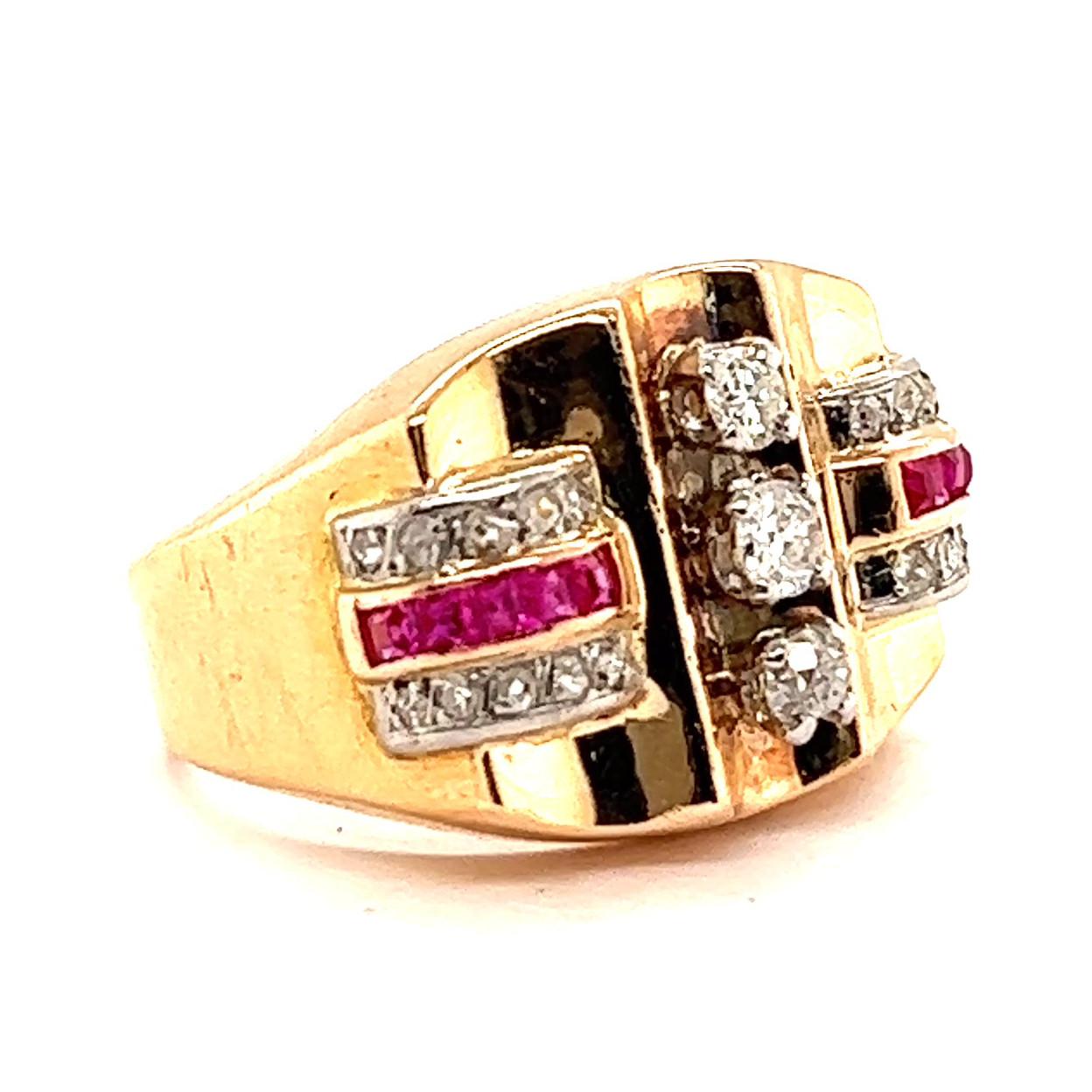 Retro French Diamond Ruby 18 Karat Gold Platinum Tank Ring In Excellent Condition In Beverly Hills, CA