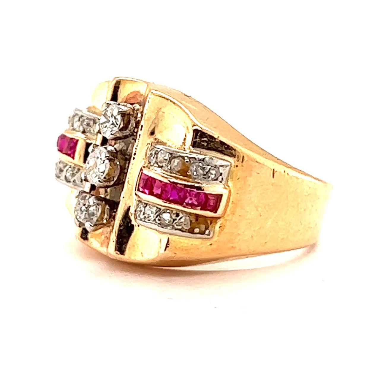 Women's or Men's Retro French Diamond Ruby 18 Karat Gold Platinum Tank Ring