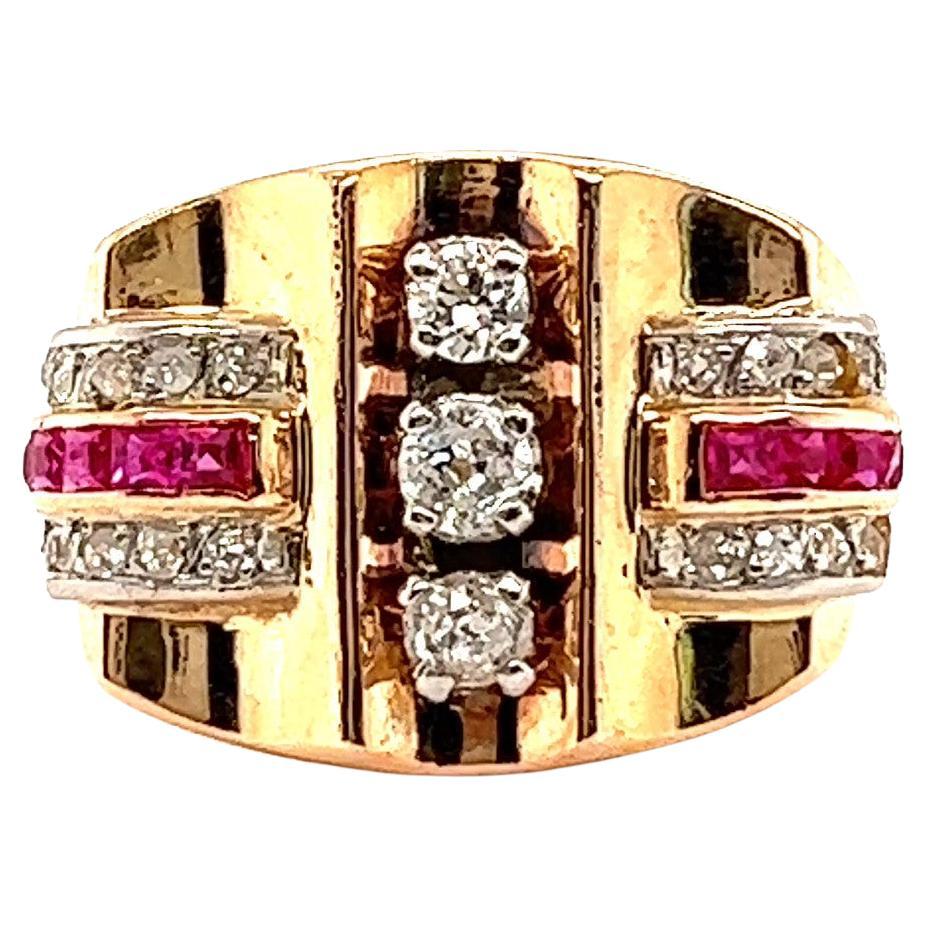 Retro French Diamond Ruby 18 Karat Gold Platinum Tank Ring