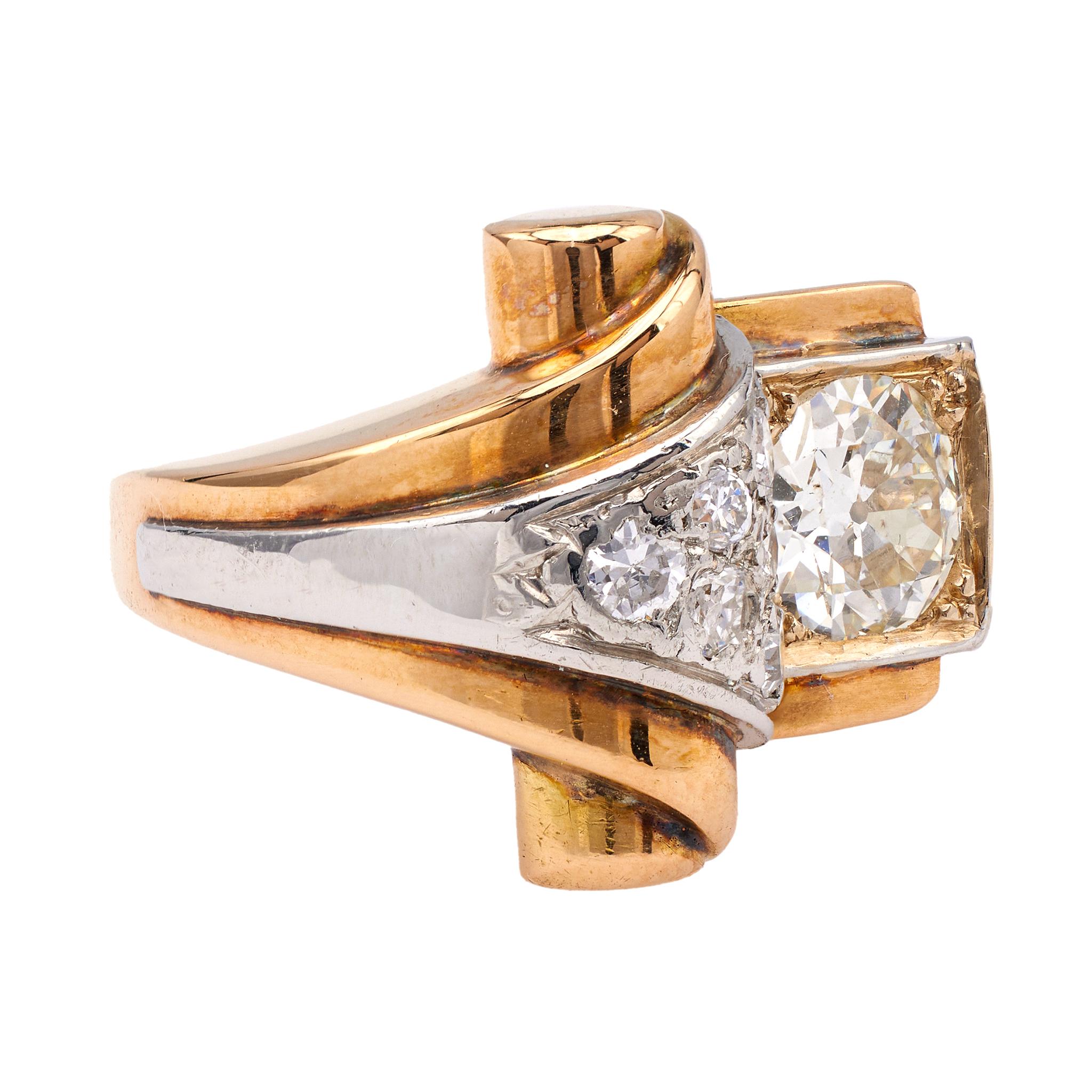 Retro Französischer zweifarbiger Retro-Diamant-Ring für Damen oder Herren im Angebot