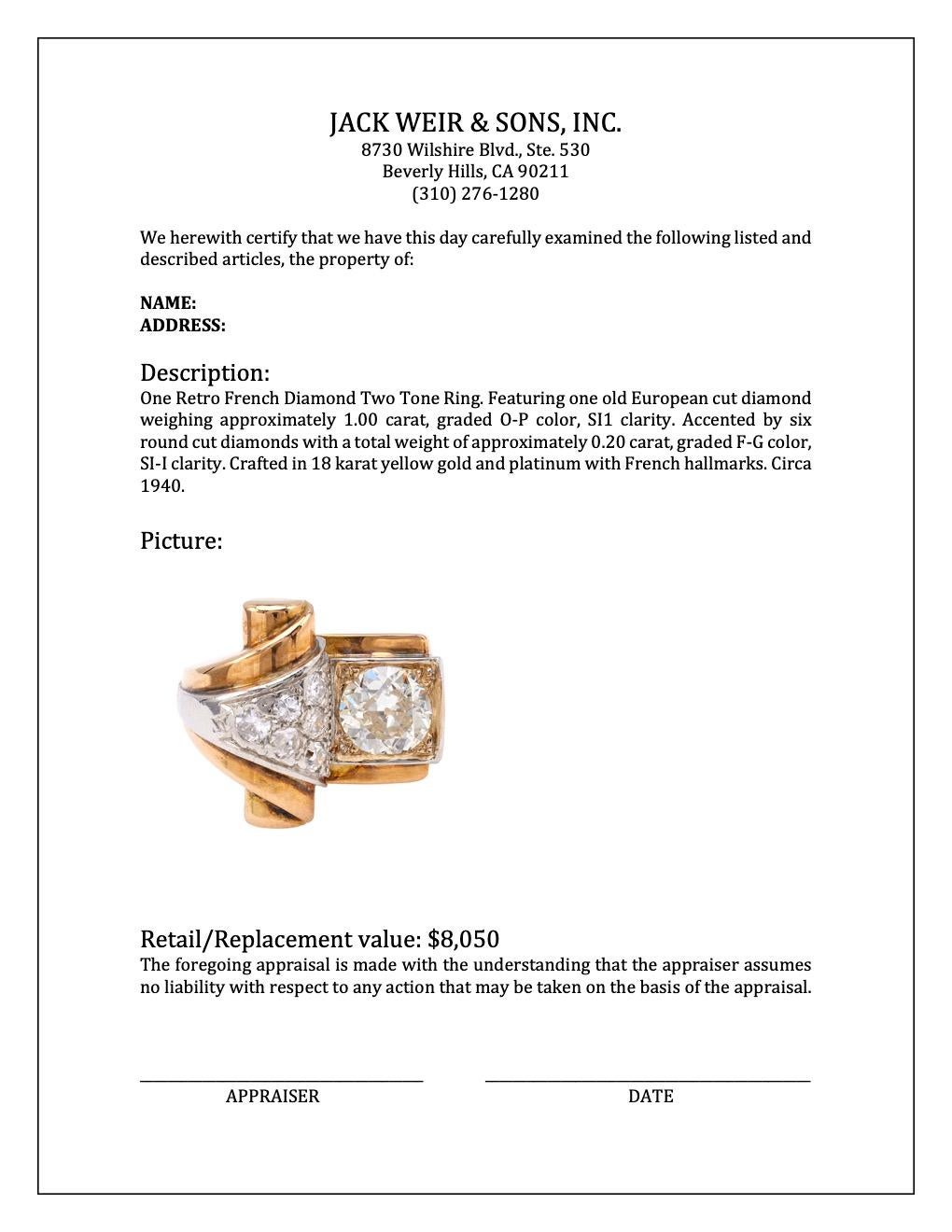 Retro Französischer zweifarbiger Retro-Diamant-Ring im Angebot 1
