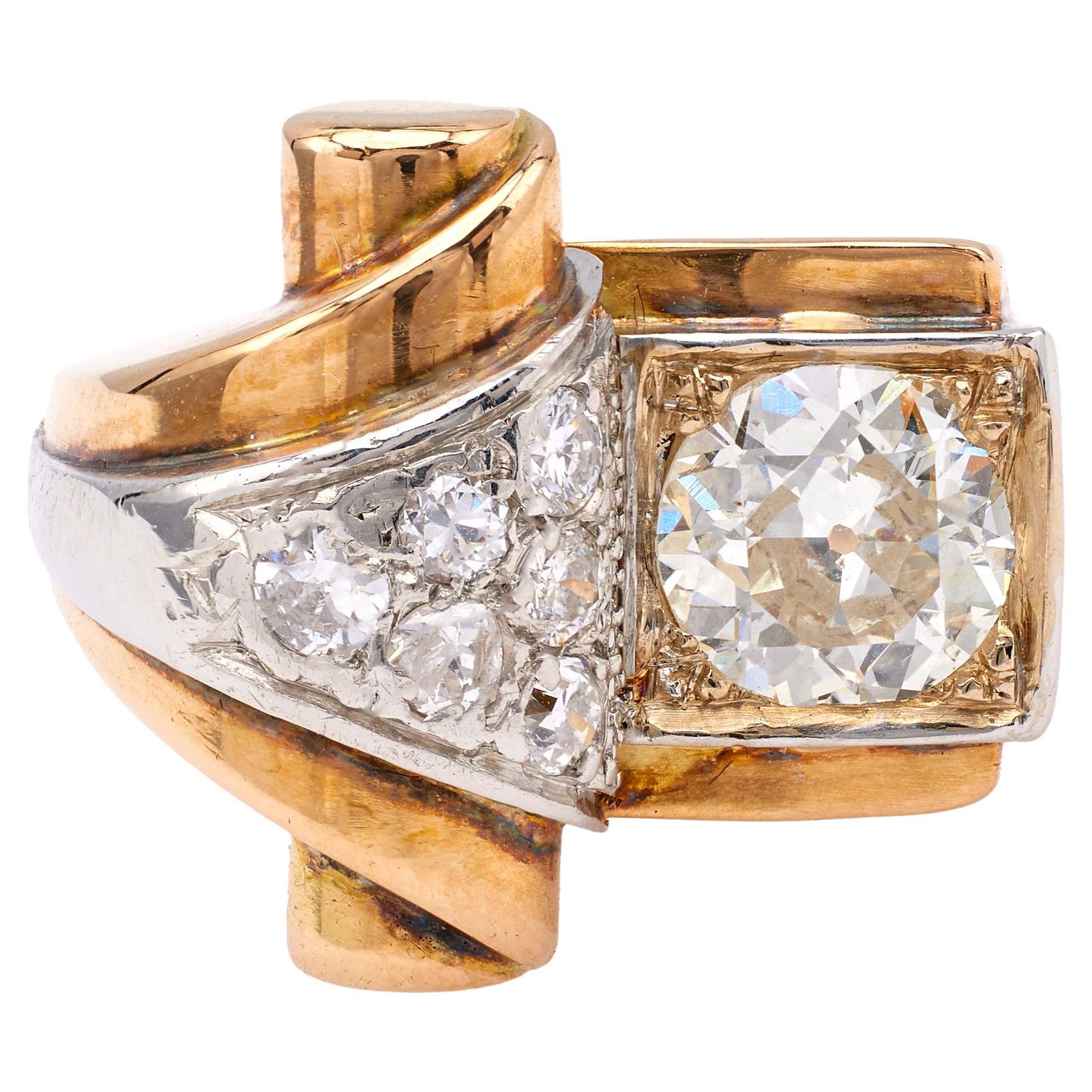 Retro Französischer zweifarbiger Retro-Diamant-Ring im Angebot