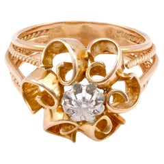 Anello da cocktail floreale in oro giallo e platino con diamante francese retrò