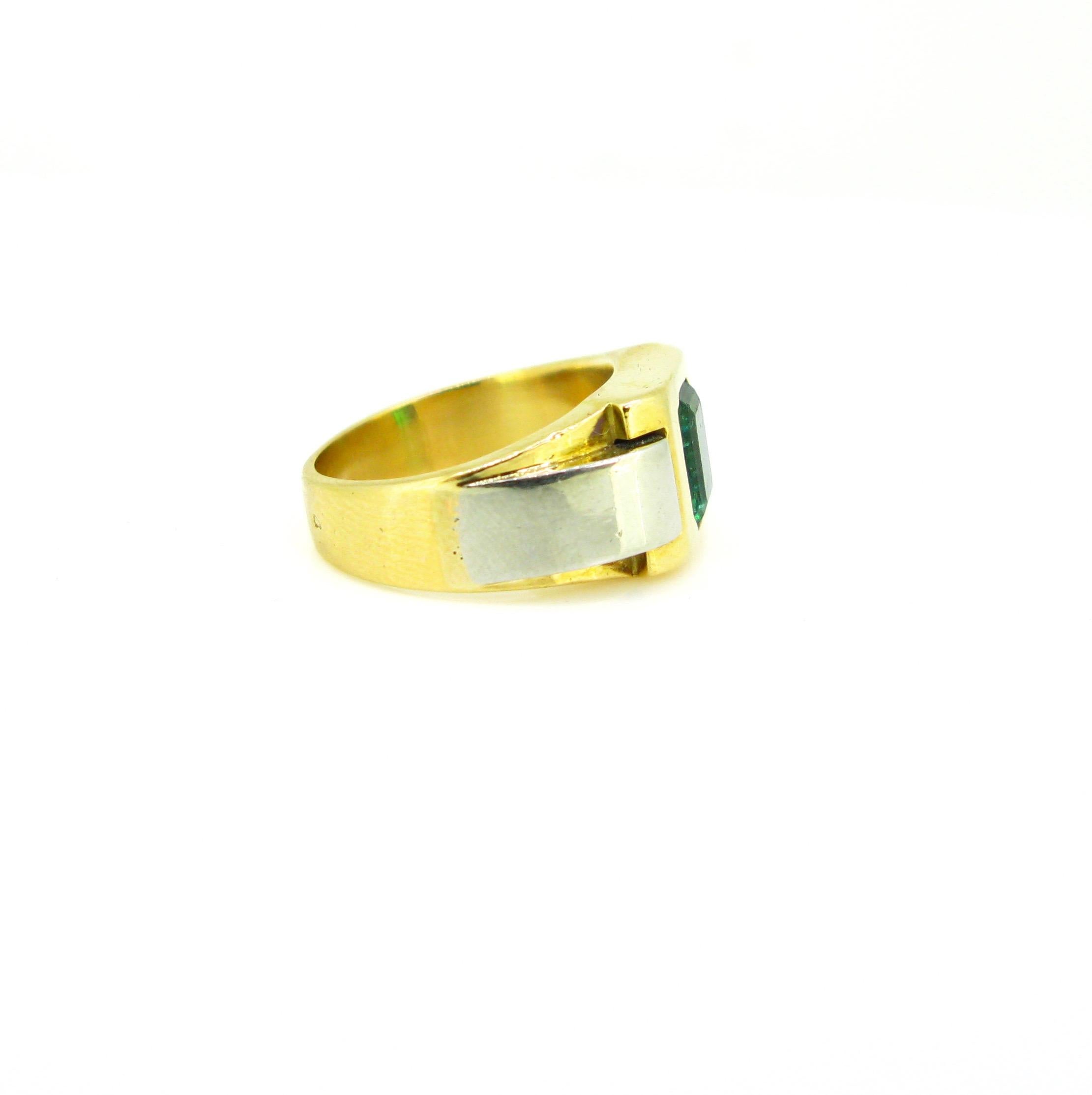 Emerald Cut Retro French Emerald Yellow Gold Platinum Bold Tank Cocktail Ring