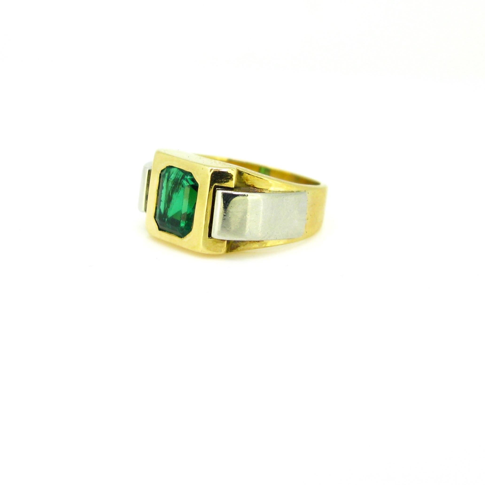 Women's or Men's Retro French Emerald Yellow Gold Platinum Bold Tank Cocktail Ring
