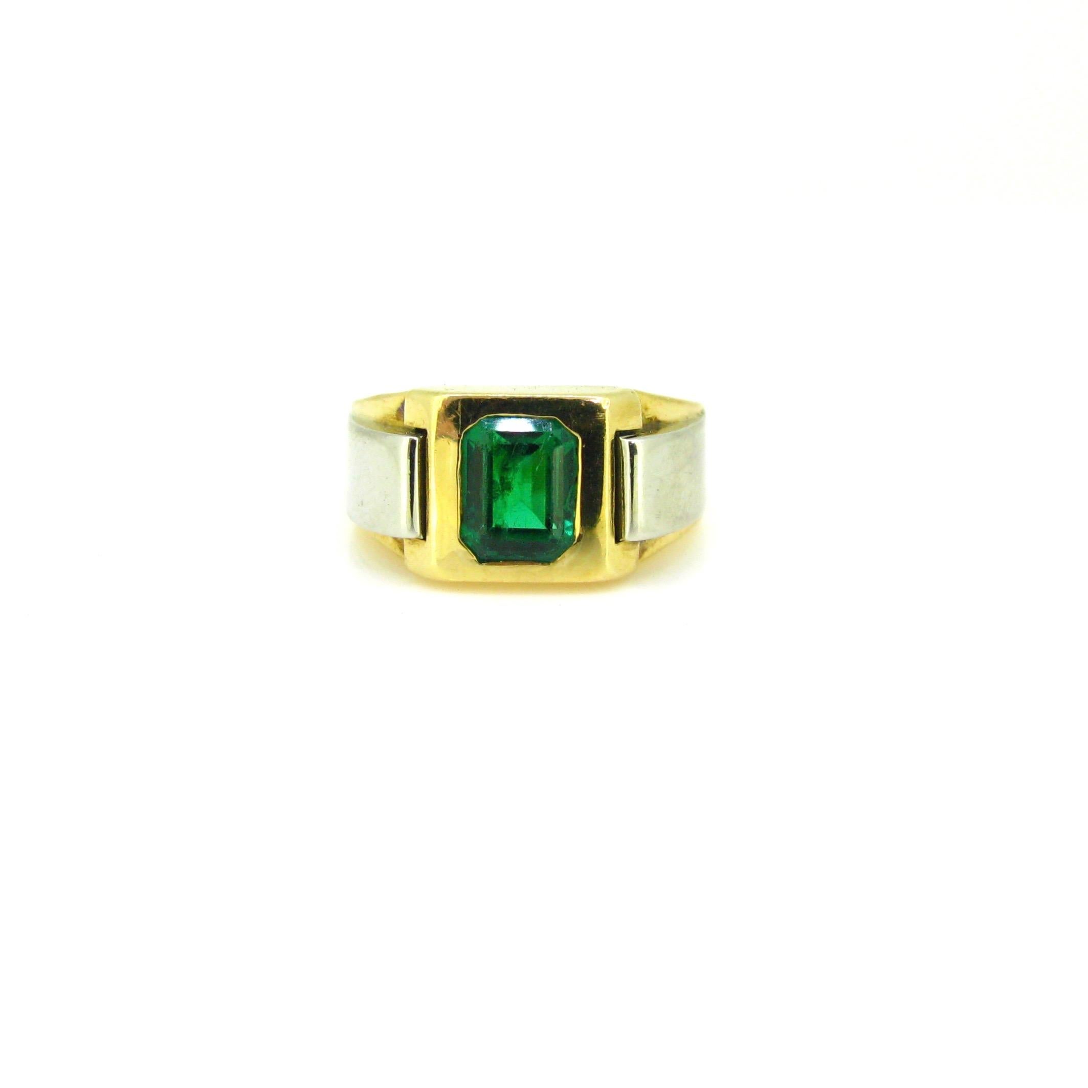 Retro French Emerald Yellow Gold Platinum Bold Tank Cocktail Ring 1