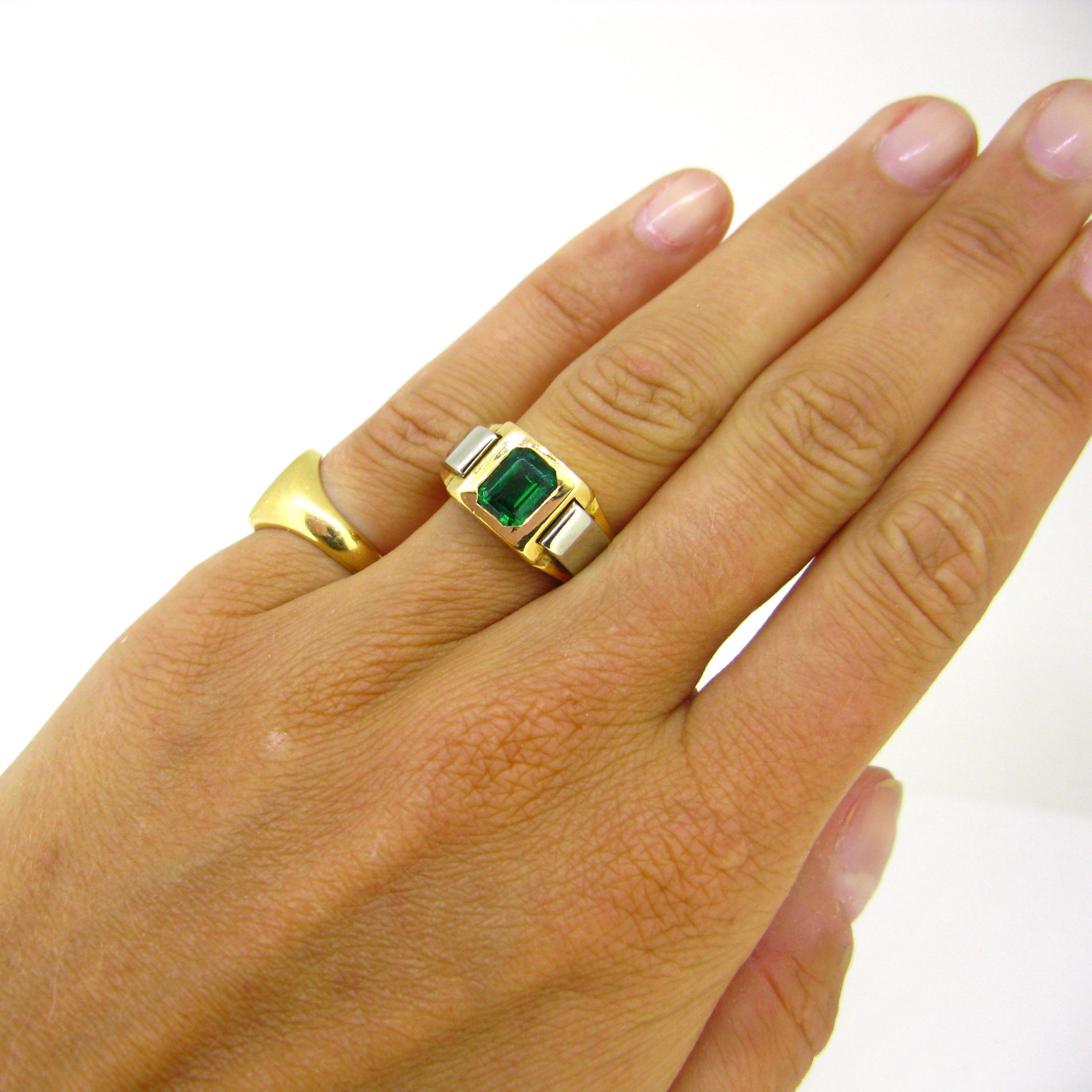 Retro French Emerald Yellow Gold Platinum Bold Tank Cocktail Ring 2
