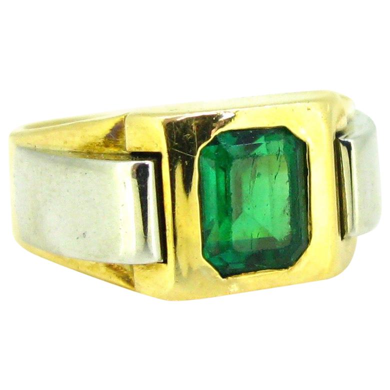 Retro French Emerald Yellow Gold Platinum Bold Tank Cocktail Ring