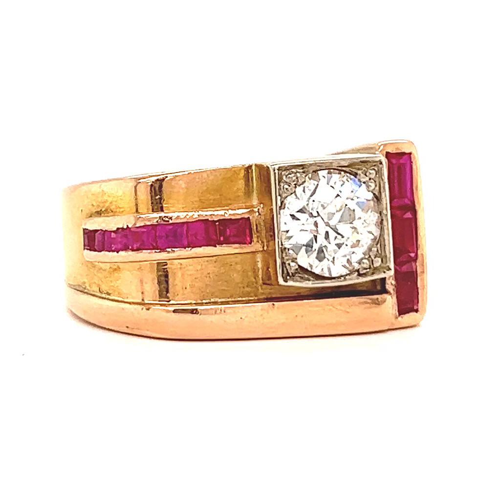 Retro French GIA 1.08 Carats Diamond Ruby 18 Karat Rose Gold Platinum Tank Ring In Excellent Condition In Beverly Hills, CA