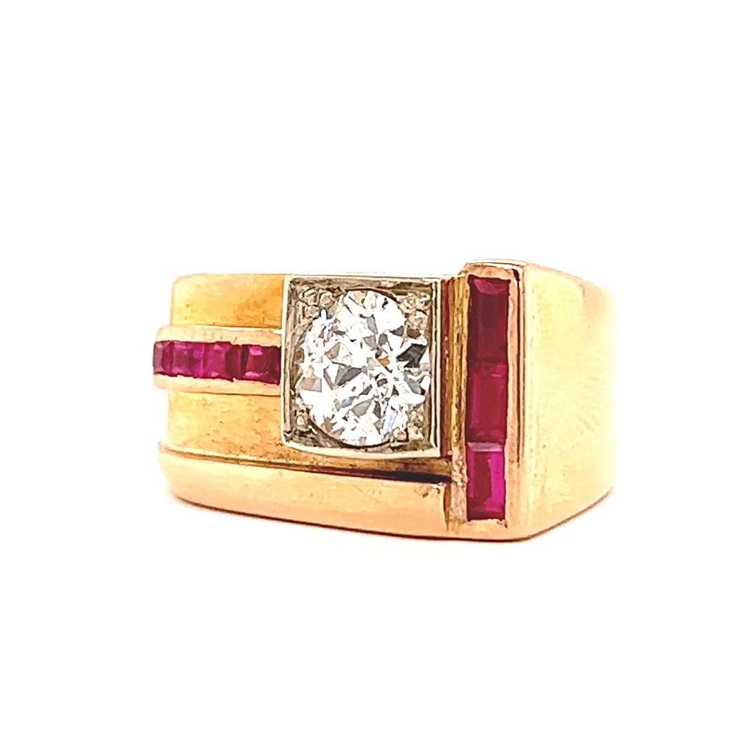 Women's or Men's Retro French GIA 1.08 Carats Diamond Ruby 18 Karat Rose Gold Platinum Tank Ring