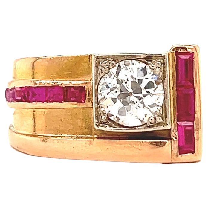 Retro French GIA 1.08 Carats Diamond Ruby 18 Karat Rose Gold Platinum Tank Ring