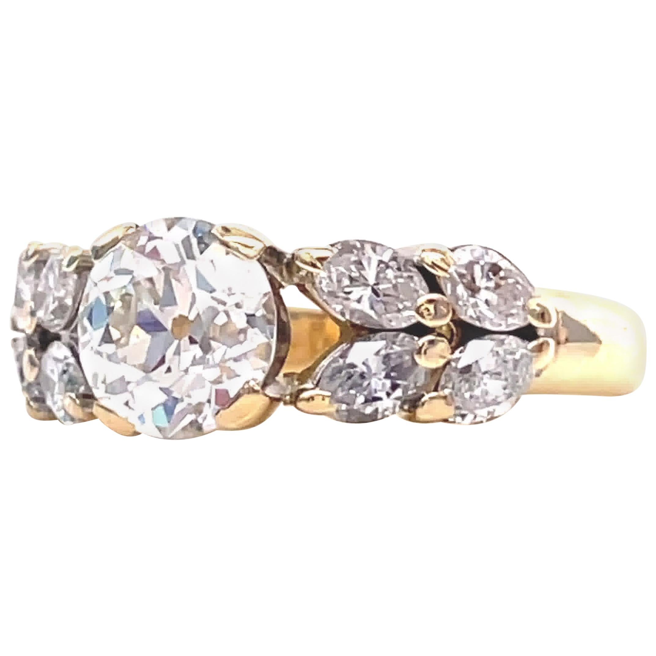 Retro French GIA 1.77 Carat Old European Cut Diamond 18 Karat Gold Ring