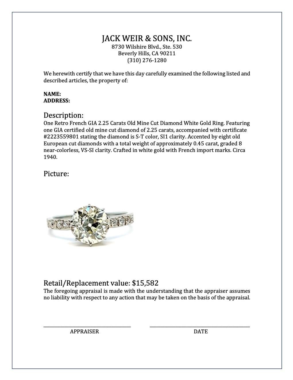Retro French GIA 2.25 Carats Old Mine Cut Diamond White Gold Ring 4