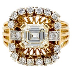 Retro French GIA 2.29 Carat Emerald Cut Diamond 18k Yellow Gold Cocktail Ring