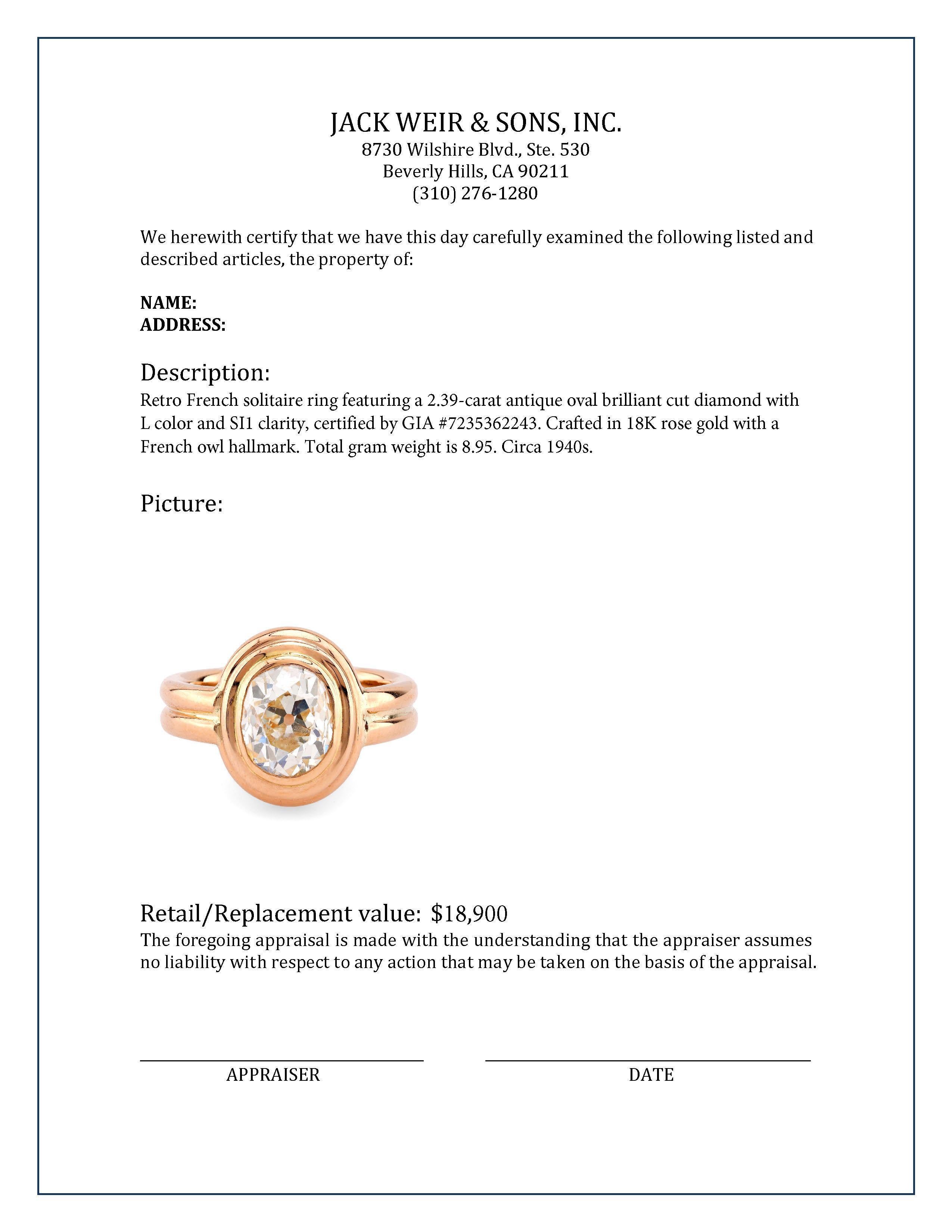 Retro Französischer GIA 2,39 Karat Ovalschliff Diamant 18K Roségold Solitär Ring, Retro 1