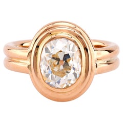 Retro Französischer GIA 2,39 Karat Ovalschliff Diamant 18K Roségold Solitär Ring, Retro