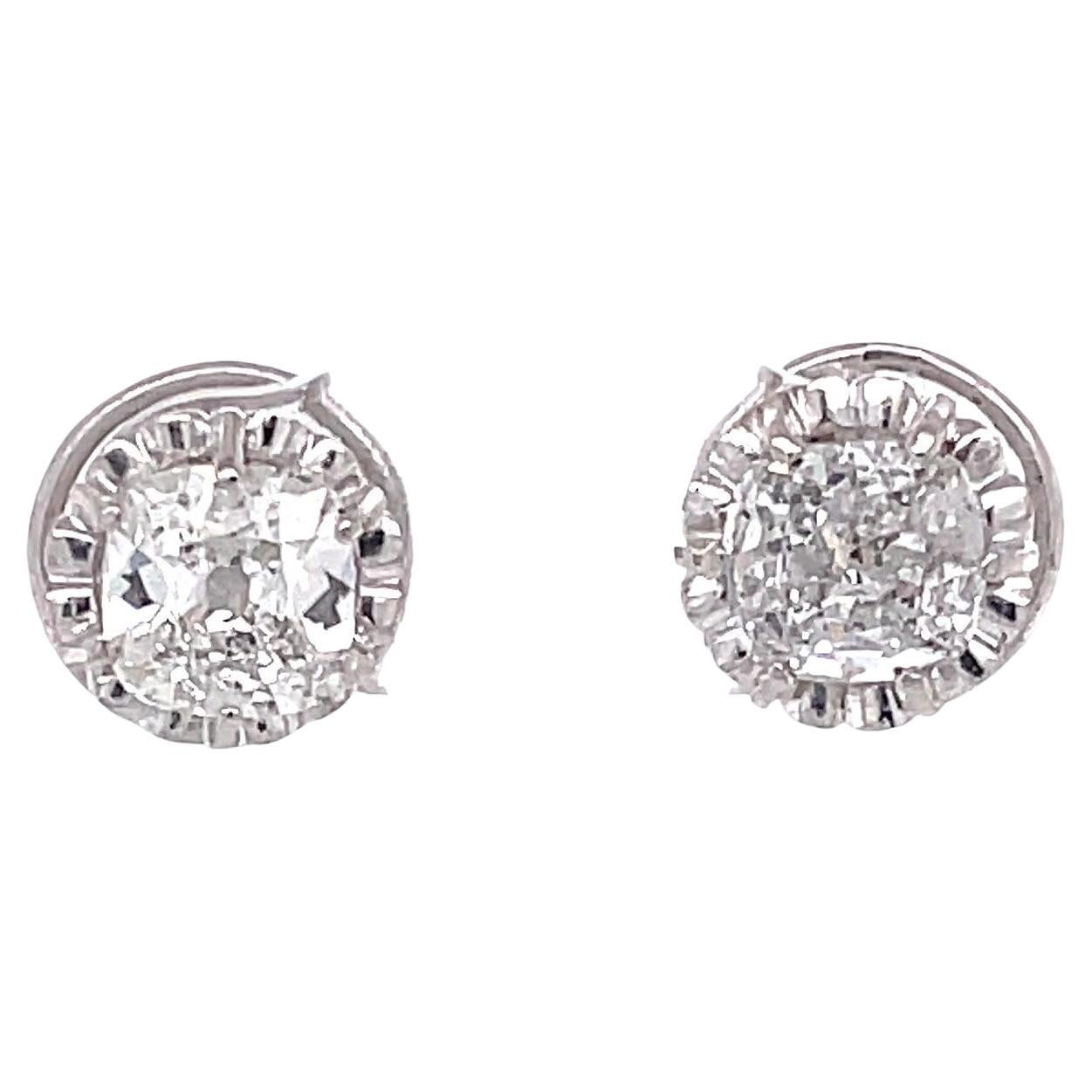 Retro French GIA Antique Cushion Cut Diamond Platinum Stud Earrings
