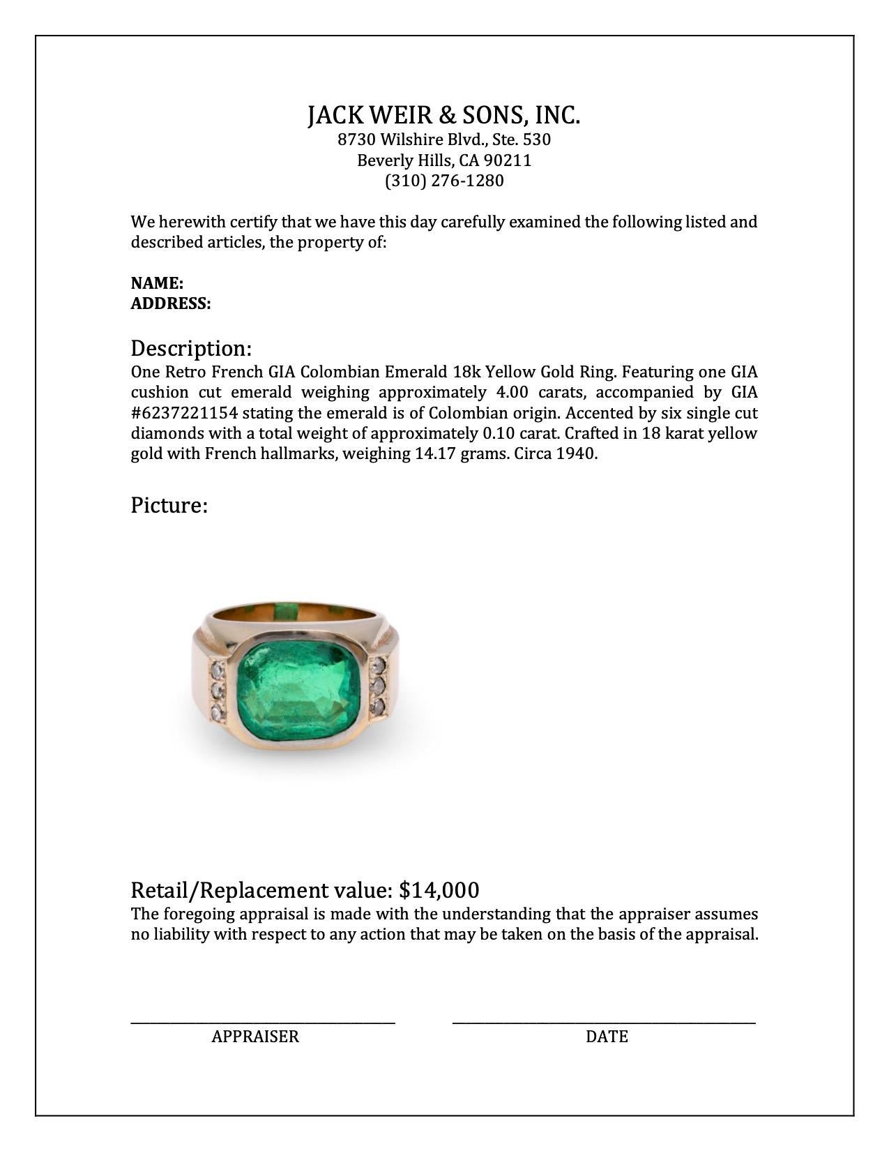 Retro French GIA Colombian Emerald 18k Yellow Gold Ring For Sale 2