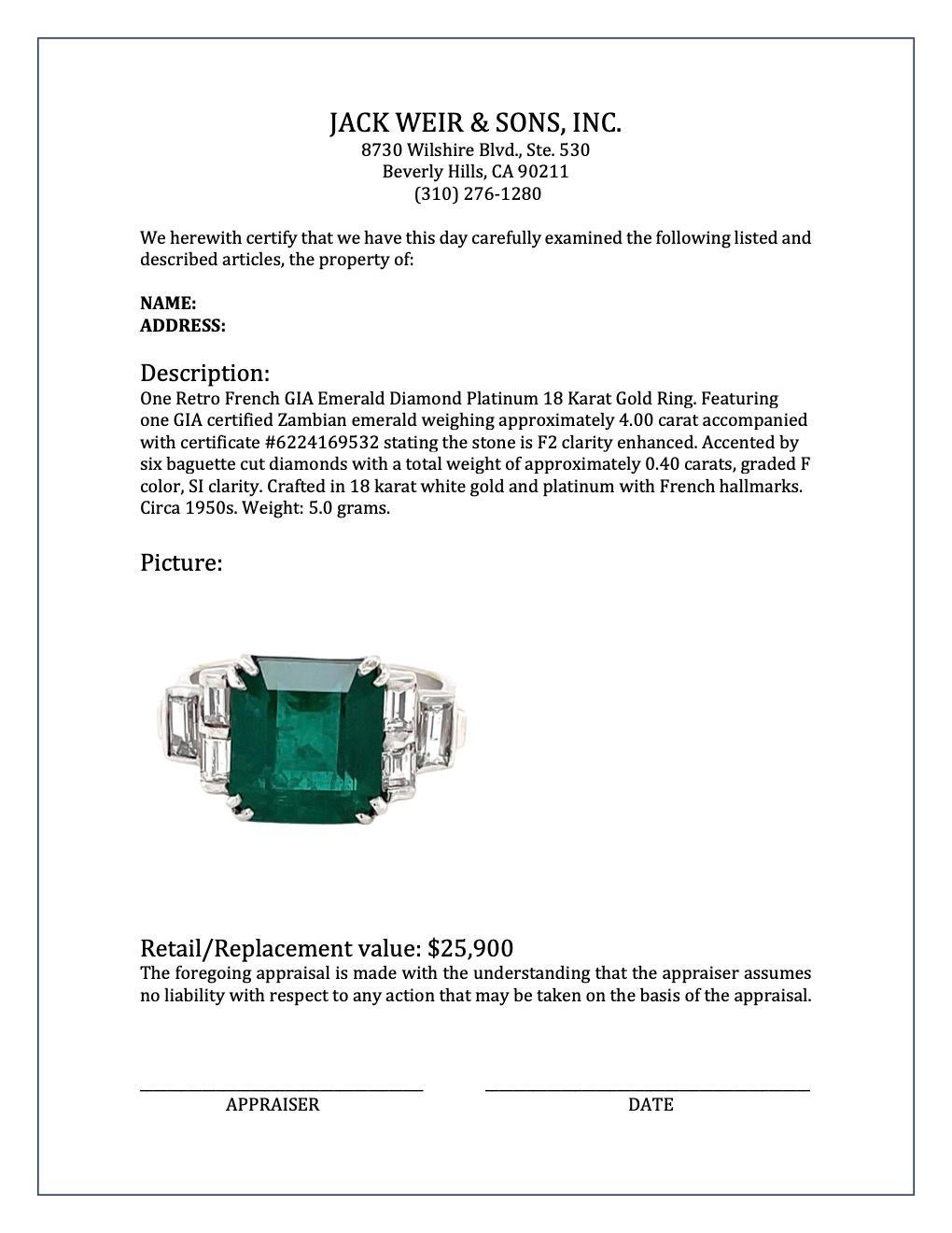 Retro French GIA Emerald Diamond Platinum 18 Karat Gold Ring 2