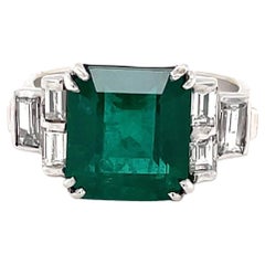 Retro French GIA Emerald Diamond Platinum 18 Karat Gold Ring