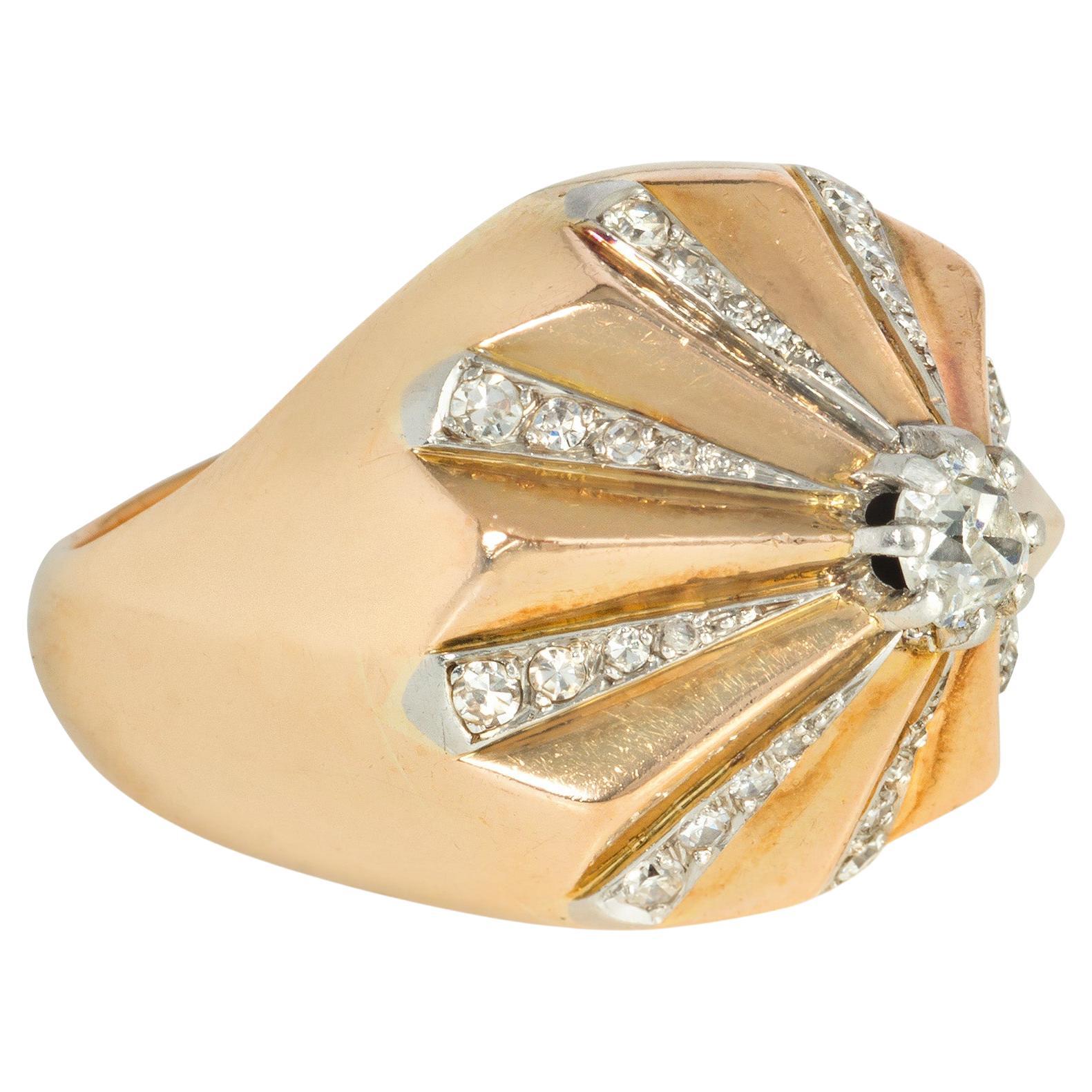 Retro French Gold and Diamond Cone-Shaped Ring with Radiating Diamond Pattern