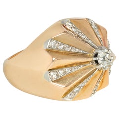 Vintage French Gold and Diamond Cone-Shaped Ring with Radiating Diamond Pattern