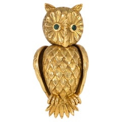 Retro French Gold Owl Brooch with Movable Head and Wings and Emerald Eyes