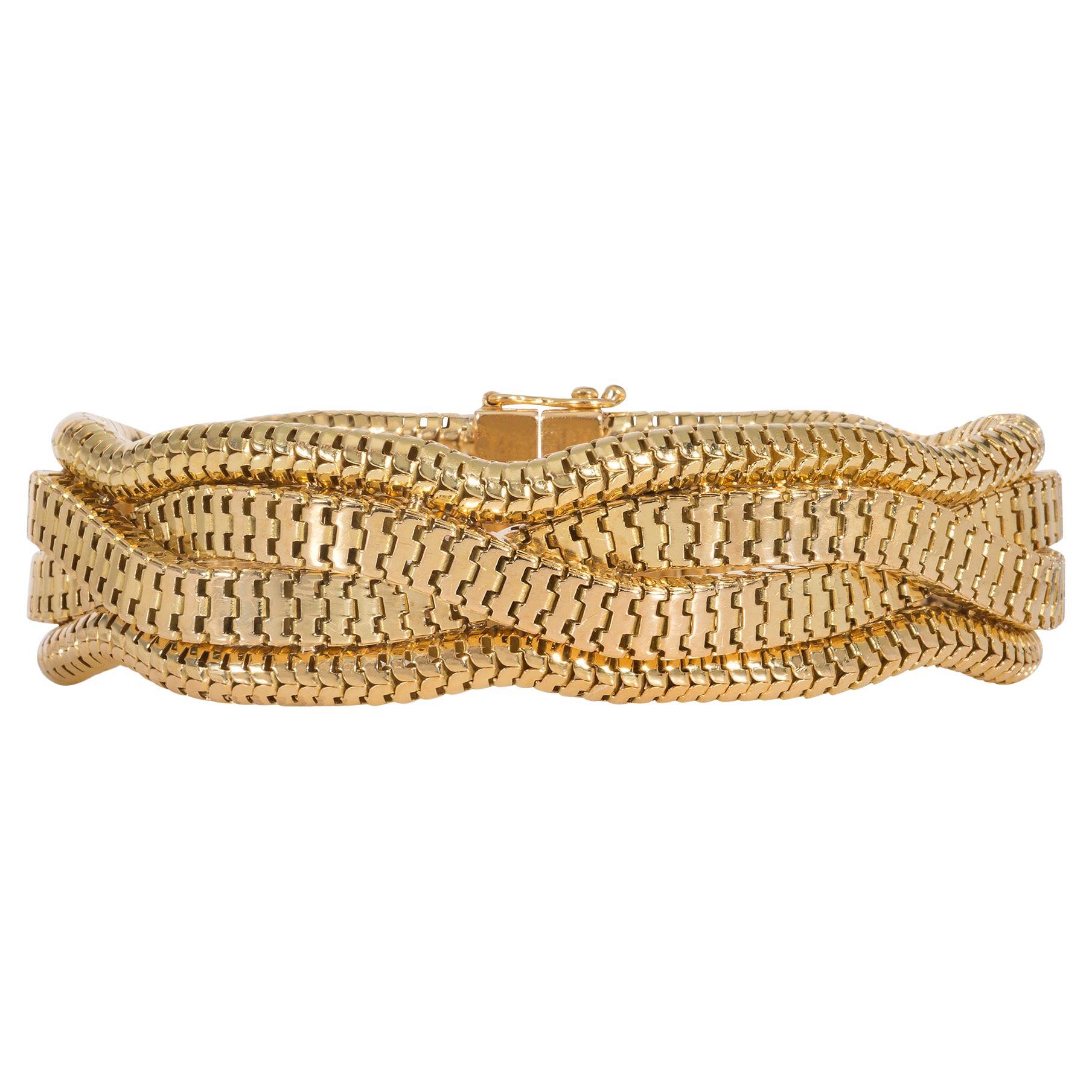 Bracelet rétro français en serpent d'or et chaîne à mailles nouées en vente