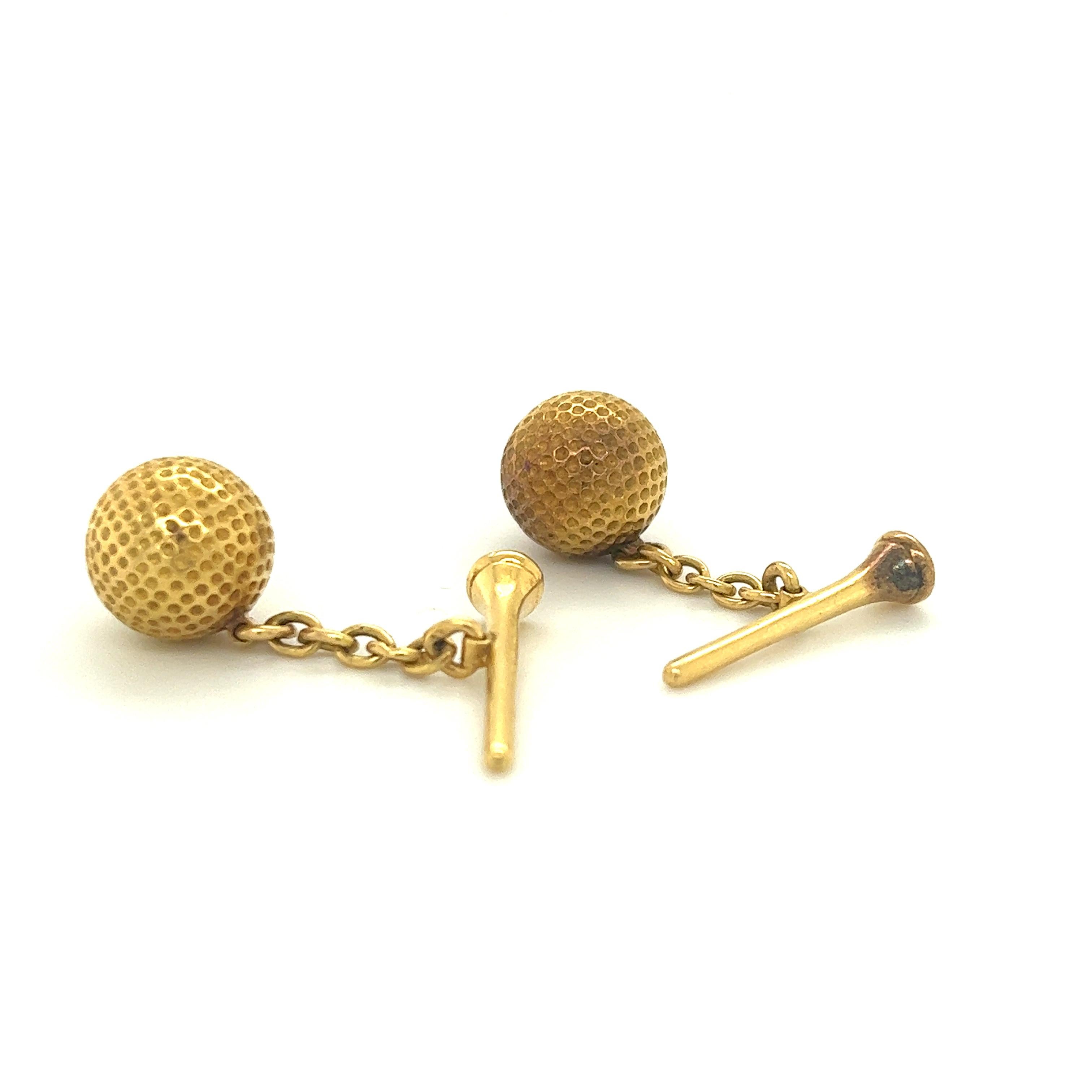 Art Deco Retro French Golf Ball & Tee Cufflinks 18k Yellow Gold For Sale