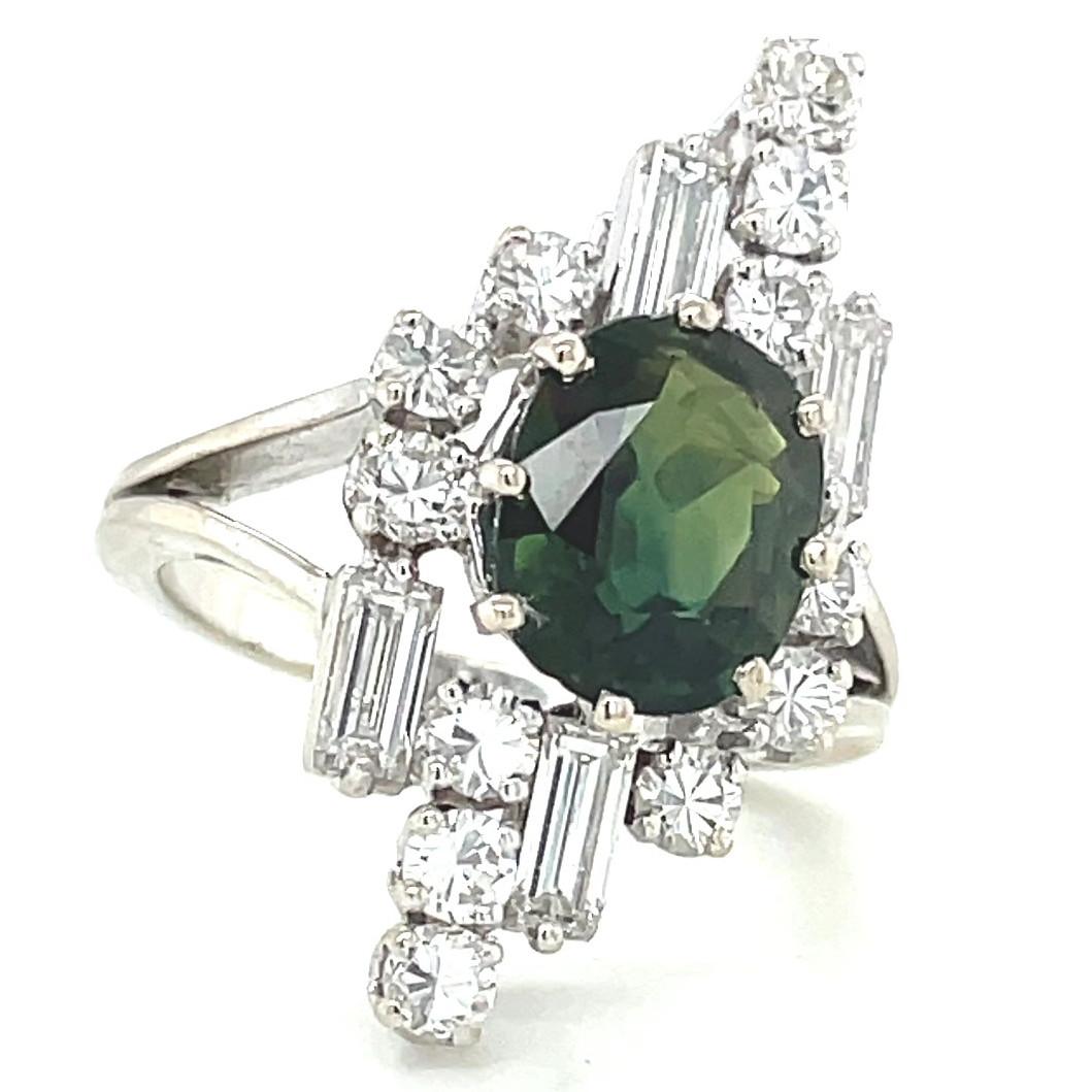 Oval Cut Retro French Green Sapphire Diamond Platinum Ring