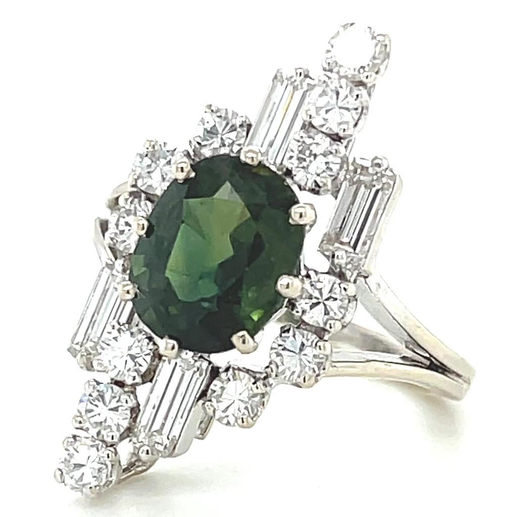 Retro French Green Sapphire Diamond Platinum Ring In Excellent Condition In Beverly Hills, CA