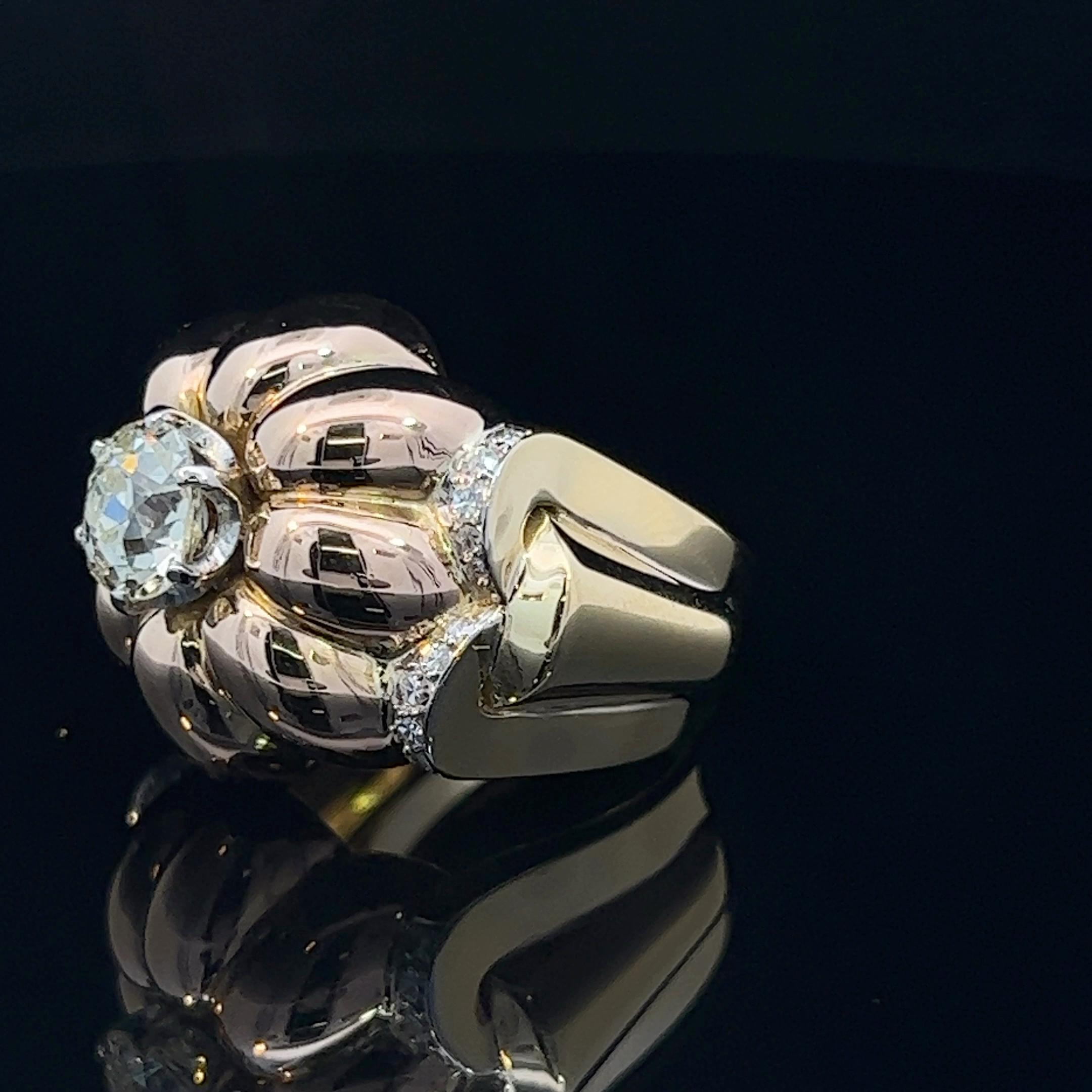 Old Mine Cut Retro French Made Diamond Flower Ring Circa 1940s For Sale