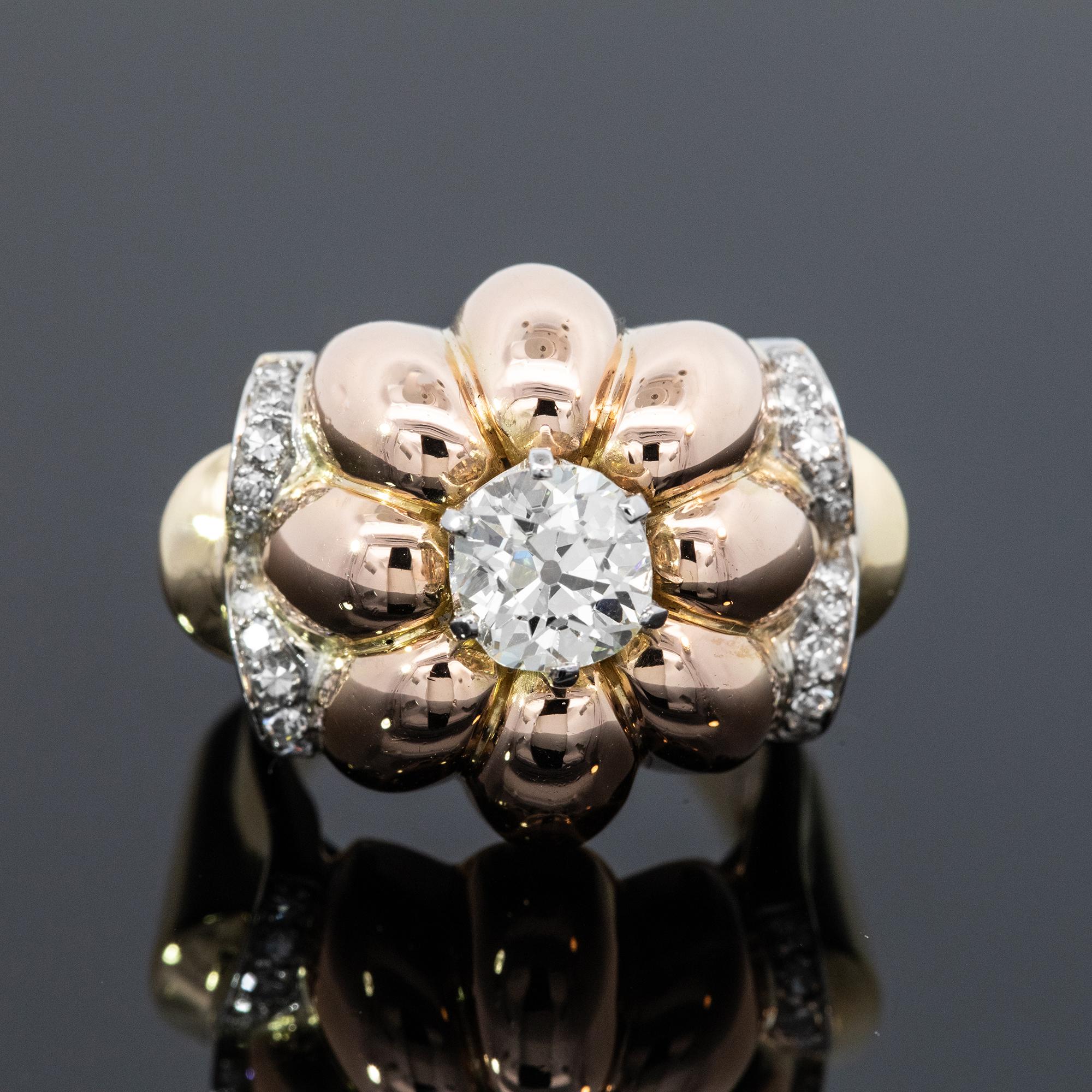 Women's or Men's Retro French Made Diamond Flower Ring Circa 1940s For Sale