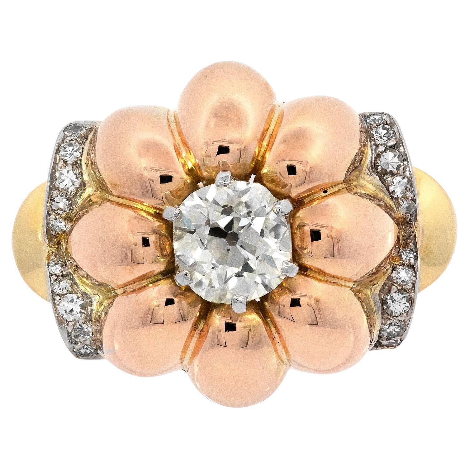 Retro French Made Diamond Flower Ring Circa 1940s For Sale