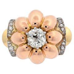 Vintage French Made Diamond Flower Ring Circa 1940s