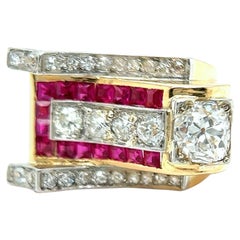 Retro French Old Mine Cut Diamond Ruby 18K Rose Gold Platinum Tank Ring