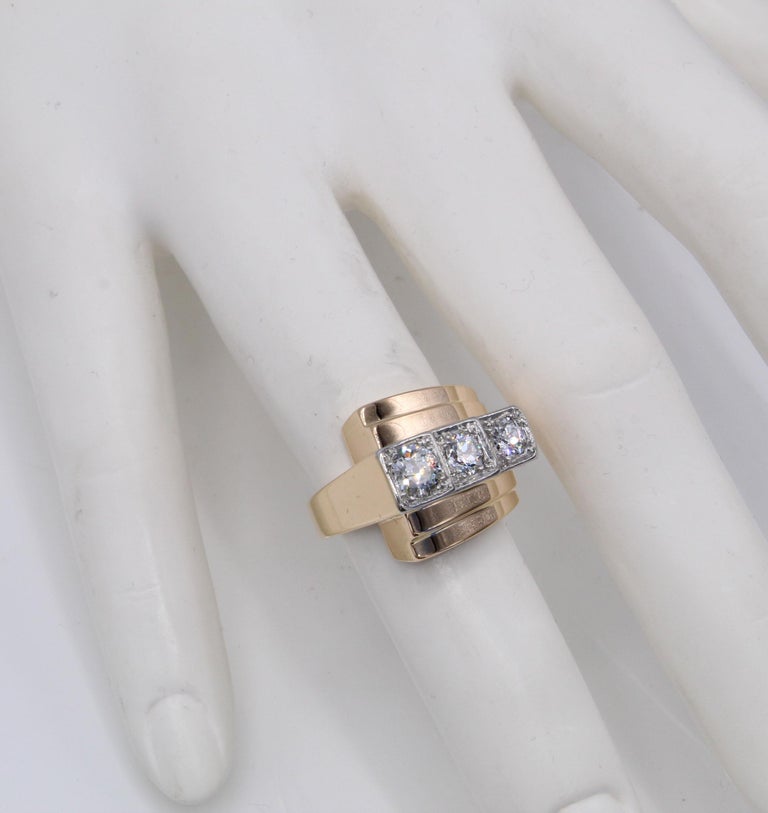 Women's or Men's Retro French Platinum 18 Karat Gold Old European Cut Diamond Ring For Sale