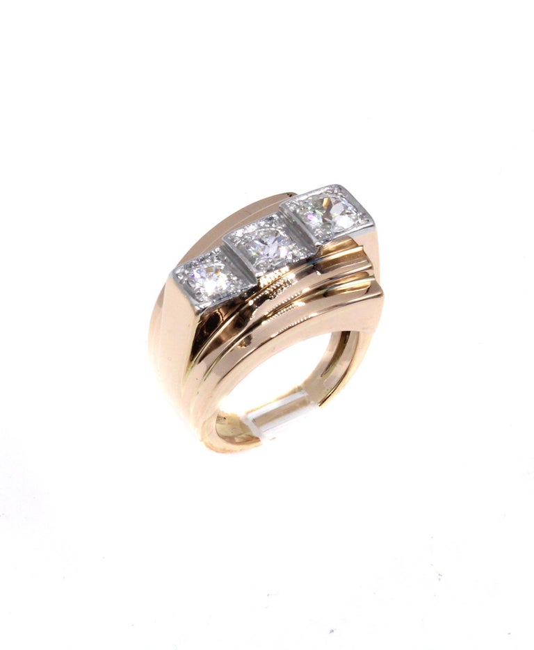 Retro French Platinum 18 Karat Gold Old European Cut Diamond Ring For Sale 1