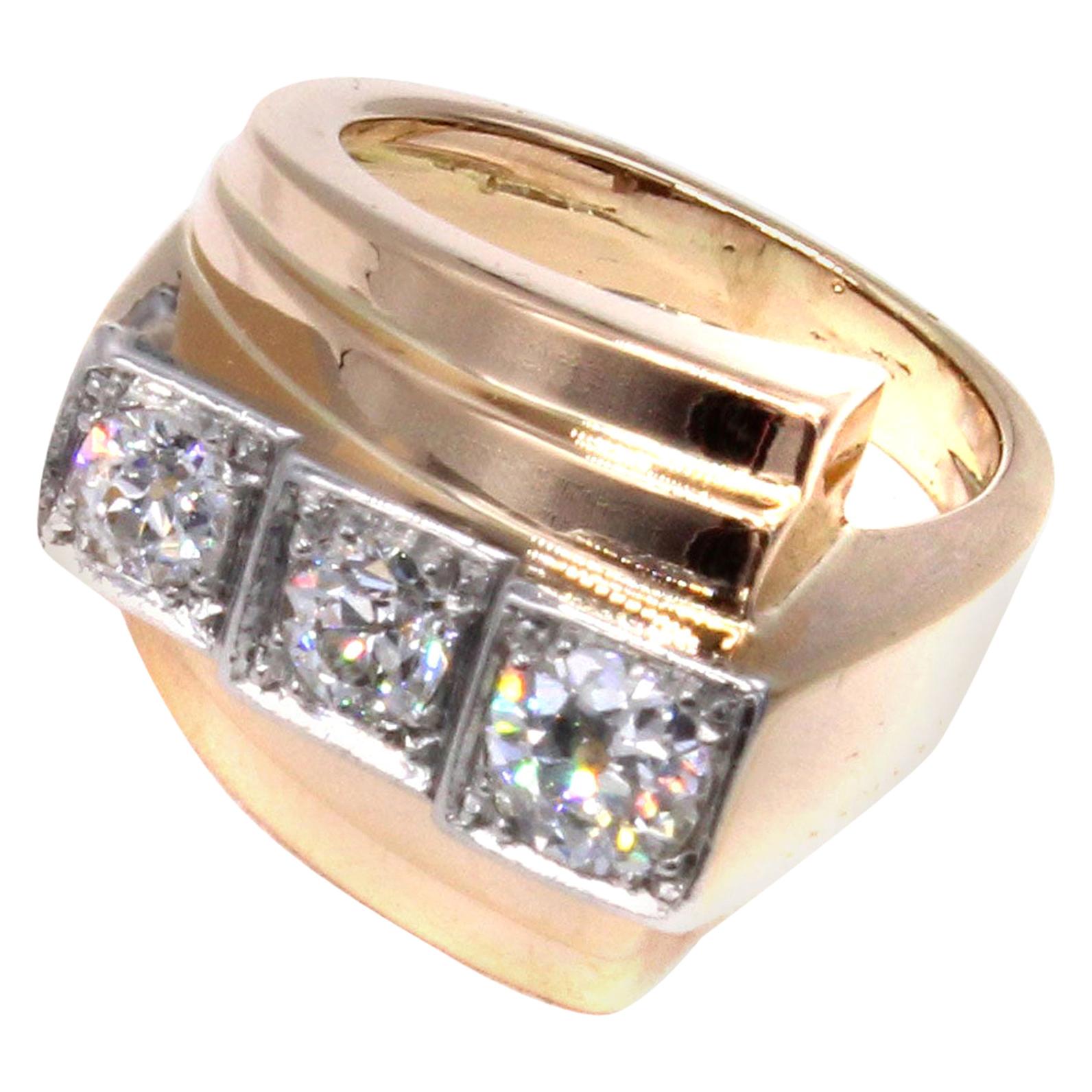 Retro French Platinum 18 Karat Gold Old European Cut Diamond Ring For Sale