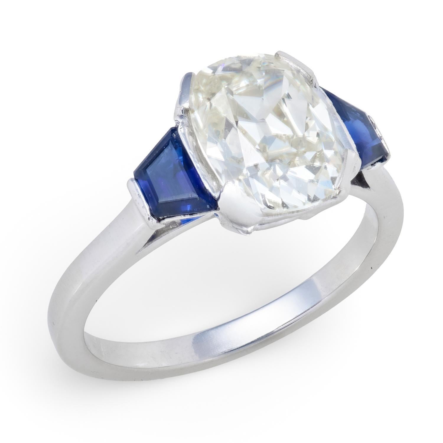 Retro French Platinum GIA Diamond & Sapphire Engagement Ring 2.50ct For Sale