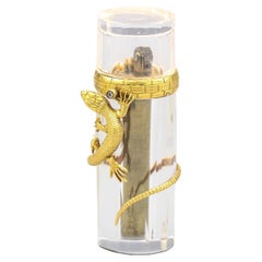 Retro French Rock Crystal Ruby Diamond 18k Gold Lizard Lighter