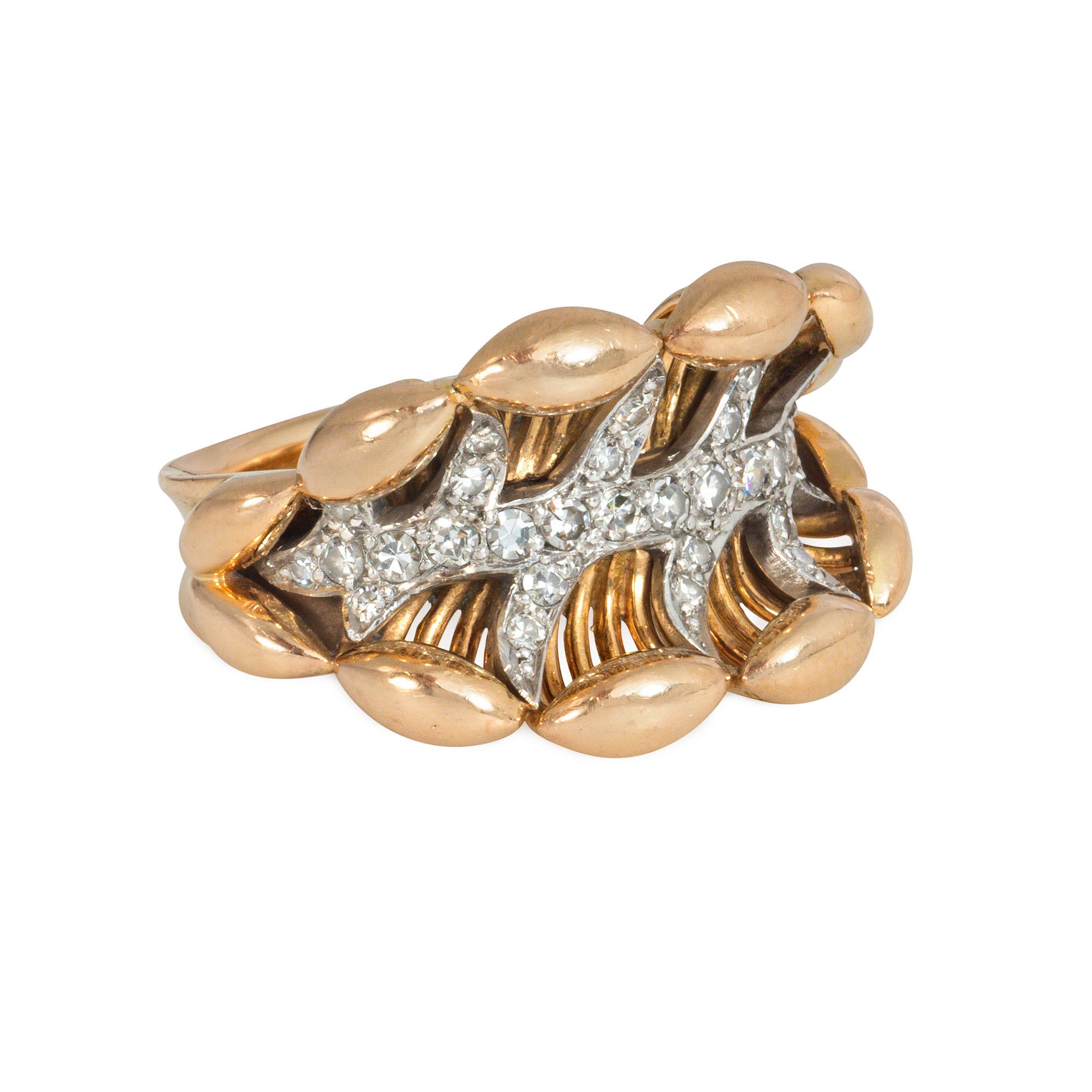 A Retro rose gold ring designed as a stylized horizontal leaf with diamond veining, in 18k. Maker's poinçon for Rene Fréchou.  Atw 0.34 ct.

R. Fréchou crafted jewels for prestigious houses such as Van Cleef & Arpels and Cartier