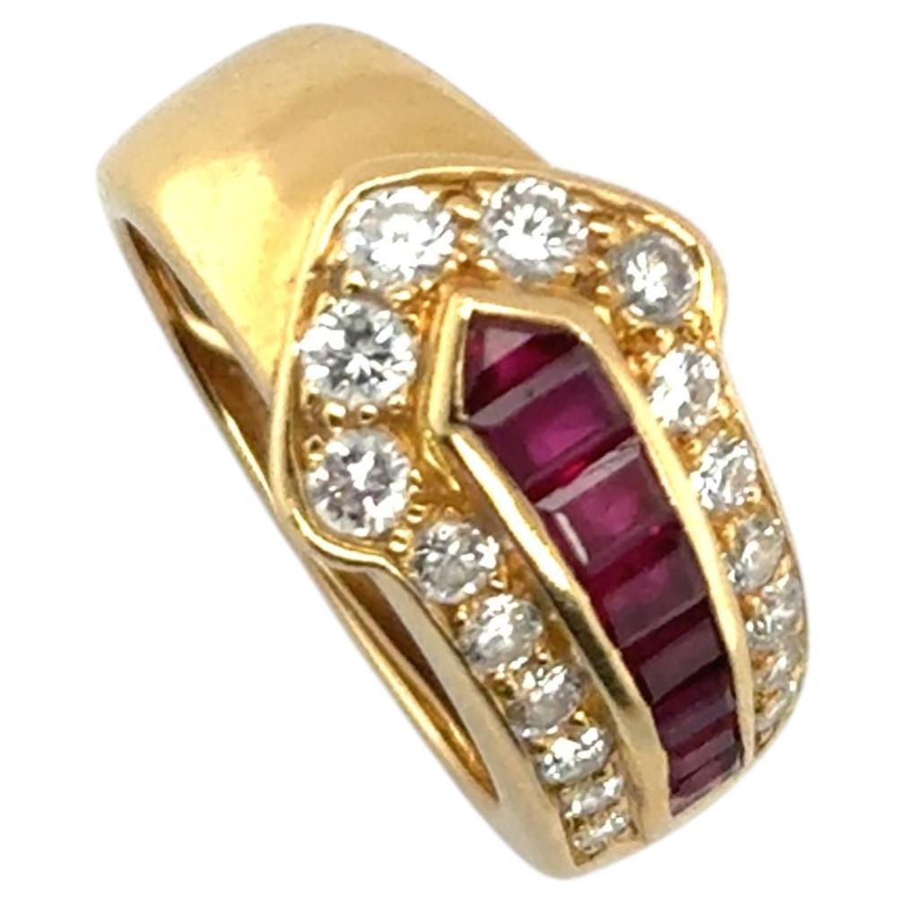 Retro French Ruby and Diamond Tie Ring in 18 Karat Yellow Gold, Circa 1950