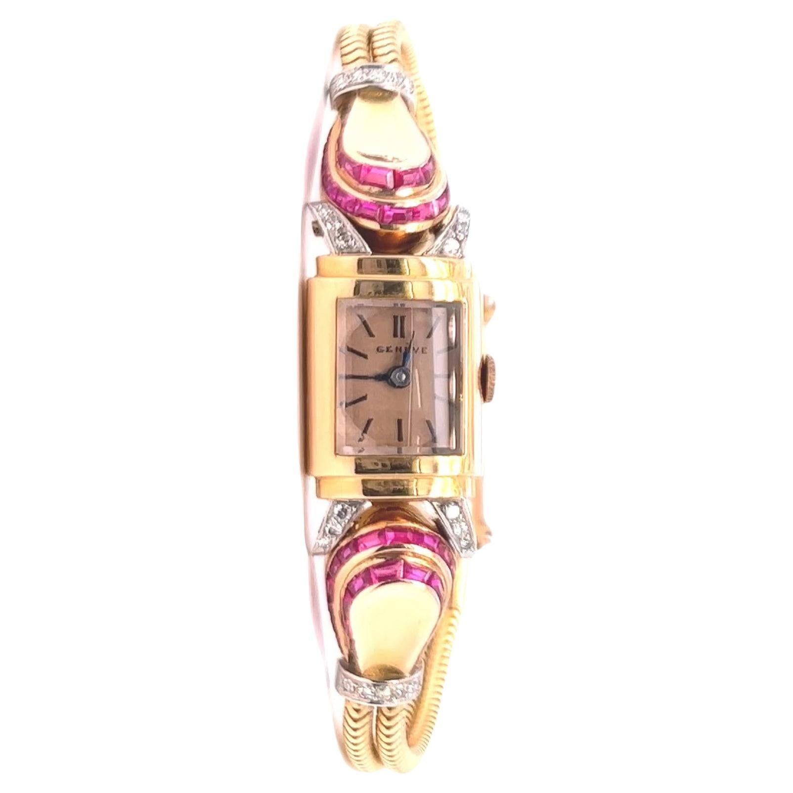 Retro French Ruby Diamond 18 Karat Gold Watch