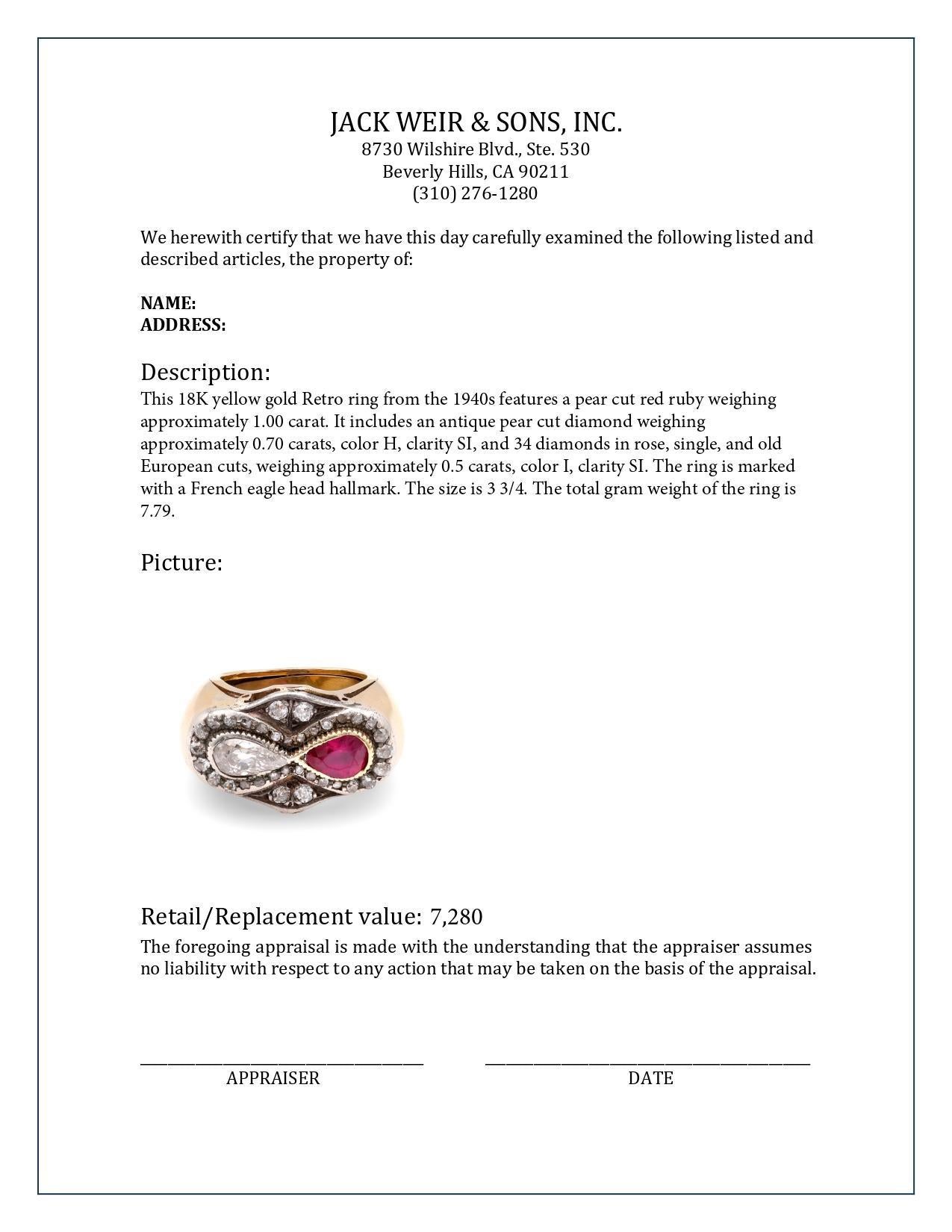 Retro Französischer Rubin-Diamant-Ring aus 18 Karat Gelbgold mit zwei Steinen im Zustand „Hervorragend“ in Beverly Hills, CA