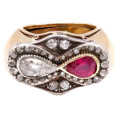 Retro Französischer Rubin-Diamant-Ring aus 18 Karat Gelbgold mit zwei Steinen